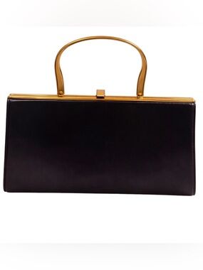 Vintage Bonwit Teller Black Leather Frame Evening Bag Gold Handle